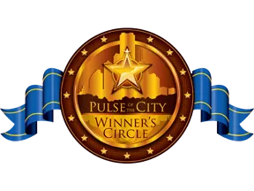 Pulse of the City Winner’s Circle gold medal emblem with blue ribbons and star accents