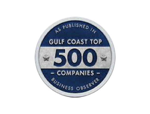 Blue and silver award badge reading “Gulf Coast Top 500 Companies” by Business Observer