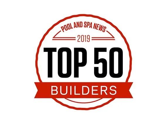 Red and black “Pool & Spa News 2019 Top 50 Builders” award logo