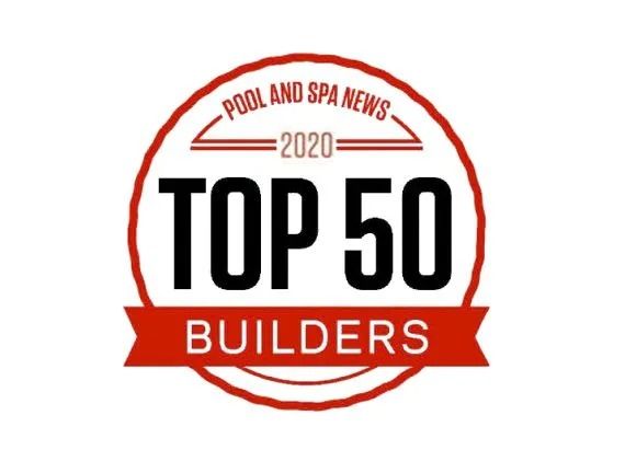 Pool and Spa News 2020 Top 50 Builders red-and-black circular badge logo