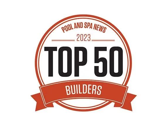 Pool and Spa News 2023 Top 50 Builders award logo in red, white, and black