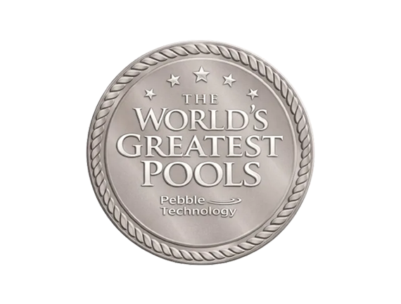 Silver circular seal reading “The World’s Greatest Pools” with stars and a rope border
