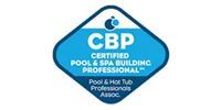 Blue CBP Certified Pool & Spa Building Professional logo with white text and wave graphic