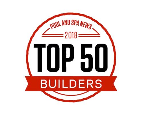 Pool & Spa News 2018 Top 50 Builders badge in red, white, and black
