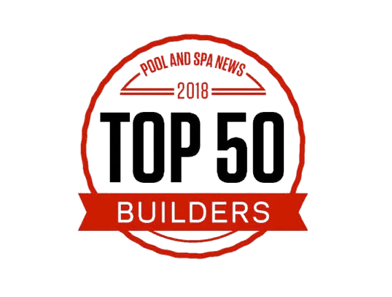 Red and black “Pool and Spa News 2018 Top 50 Builders” award badge