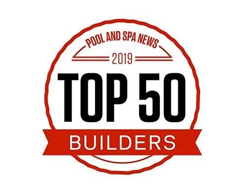 Pool and Spa News 2019 Top 50 Builders award logo in red and black