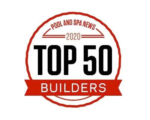 Pool and Spa News 2020 Top 50 Builders red and black circular badge logo