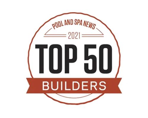 Pool & Spa News 2021 Top 50 Builders badge in black and rust red