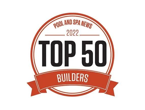 2022 Pool and Spa News Top 50 Builders badge in red and black