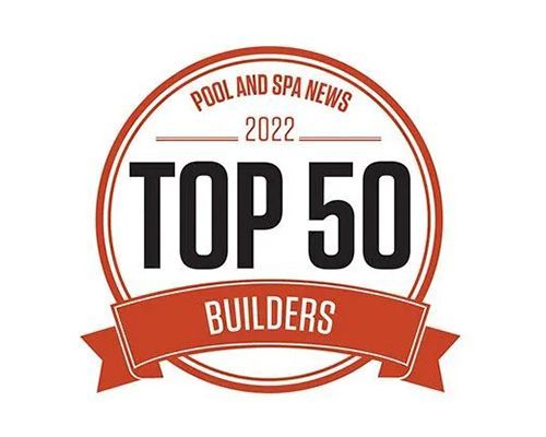 2022 Pool & Spa News Top 50 Builders award badge in red and black