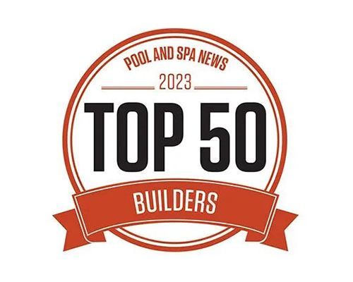 2023 Pool & Spa News Top 50 Builders badge in red, white, and black