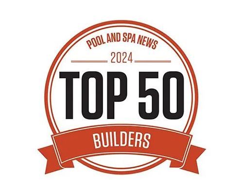 2024 Pool and Spa News Top 50 Builders badge in black, white, and red
