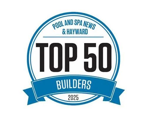 Pool and Spa News & Hayward Top 50 Builders 2025 award badge in blue and white