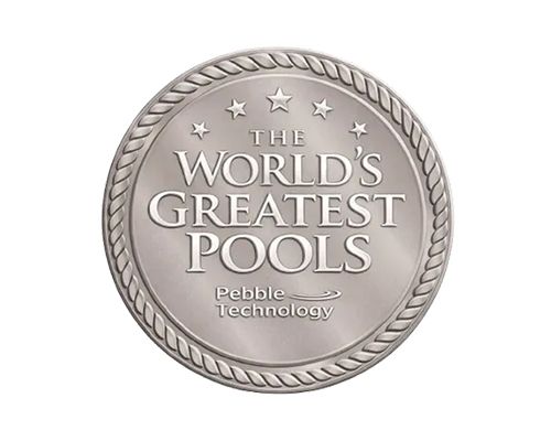 Silver medal reading “The World’s Greatest Pools” with Pebble Technology logo and stars