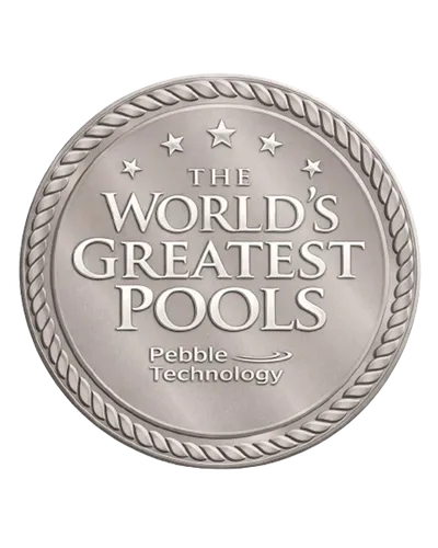 Silver medallion logo reading “THE WORLD’S GREATEST POOLS” with stars and rope border