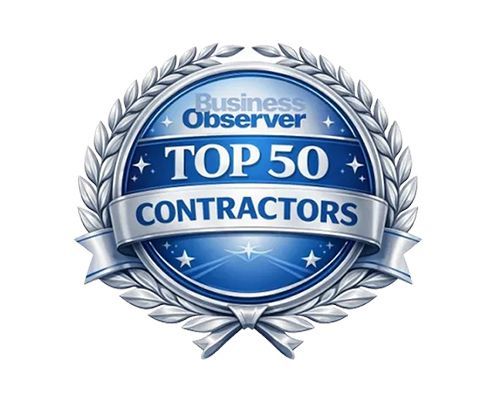 Business Observer Top 50 Contractors blue award badge with silver laurel wreath