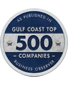 Blue and silver badge reading “Gulf Coast Top 500 Companies” and “Business Observer”
