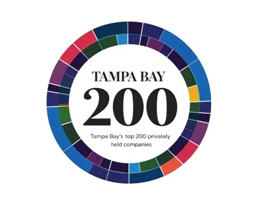 Tampa Bay 200 logo in a multicolored circular ring with bold black text on white background