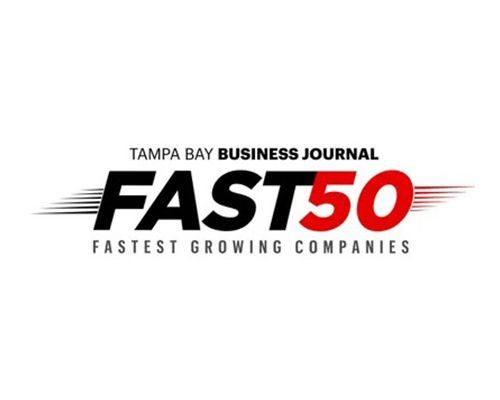 Tampa Bay Business Journal FAST 50 logo, black and red text on white background, “Fastest Growing Companies”