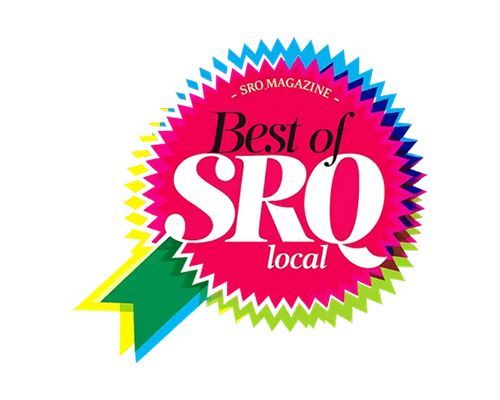 “Best of SRO local” colorful award badge with pink, green, and yellow starburst design