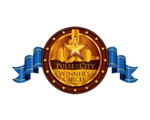 Gold “Pulse City Winner’s Circle” badge with blue ribbon accents on a white background