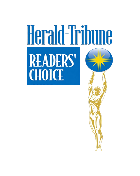 Herald-Tribune Readers' Choice logo with blue text and a gold figure holding a blue starburst globe