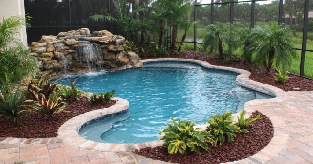 Curved backyard pool with rock waterfall, surrounded by tropical plants and stone patio.