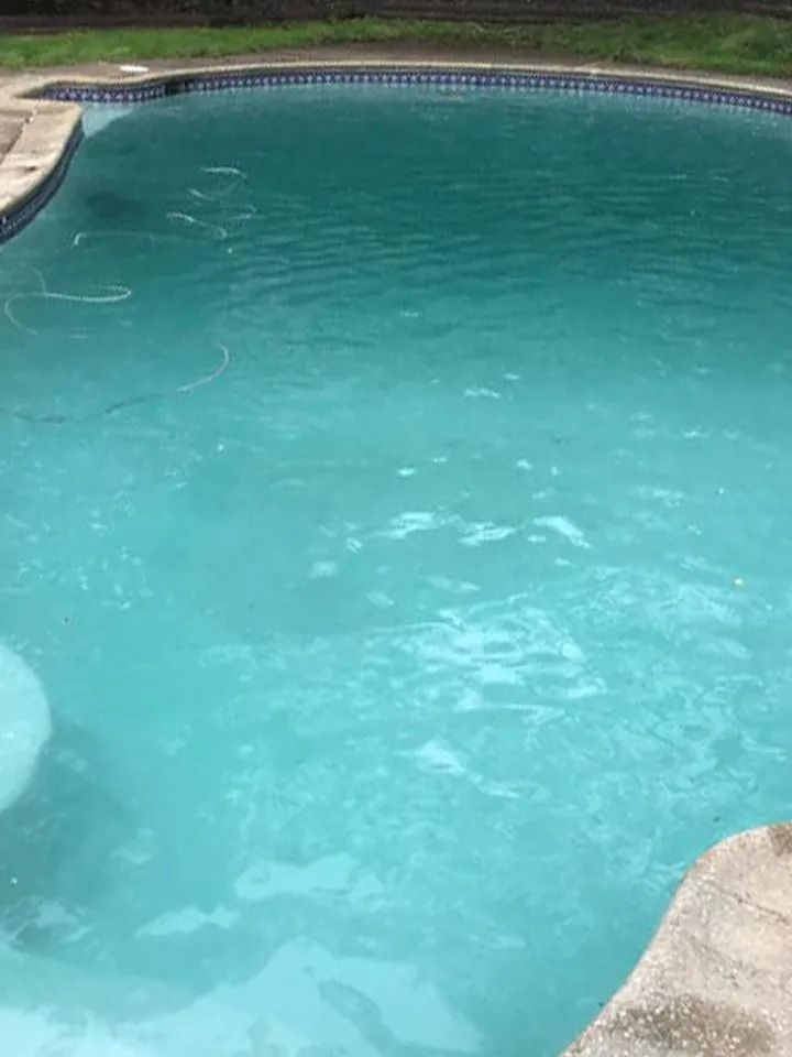 Blue swimming pool with light rippling water, viewed from above. Poolside coping visible.