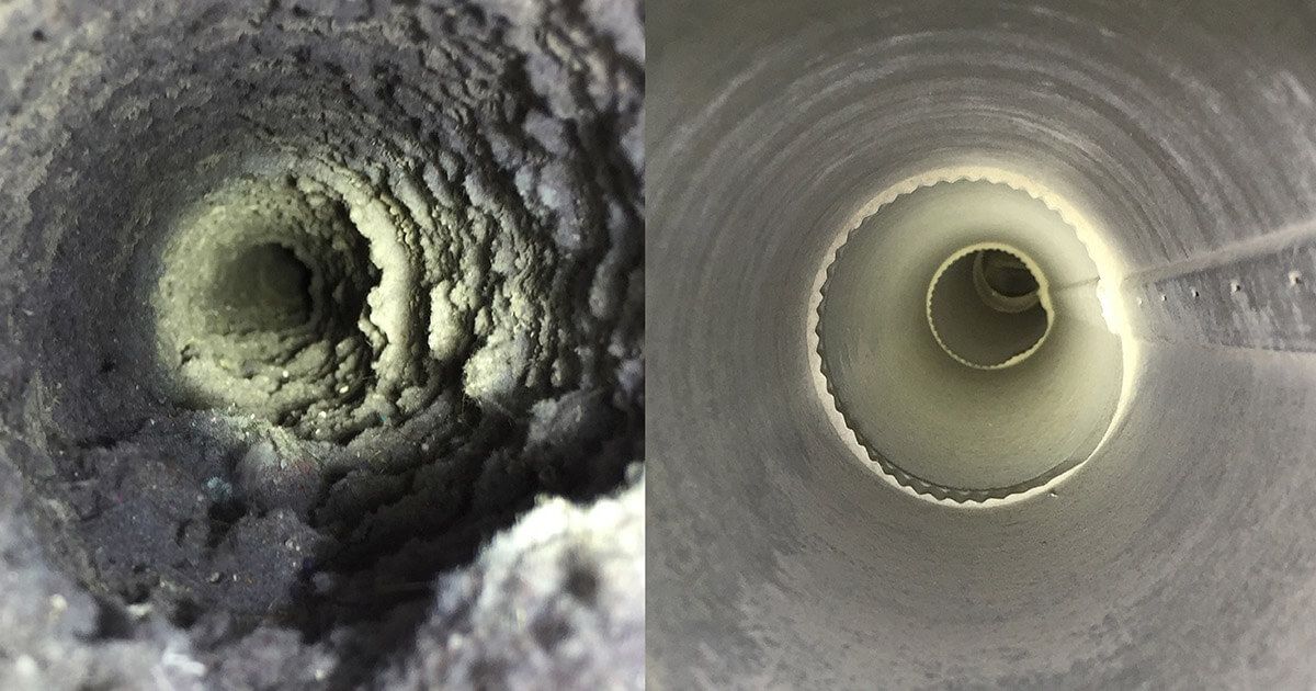 A before and after picture of a dirty duct and a clean duct.