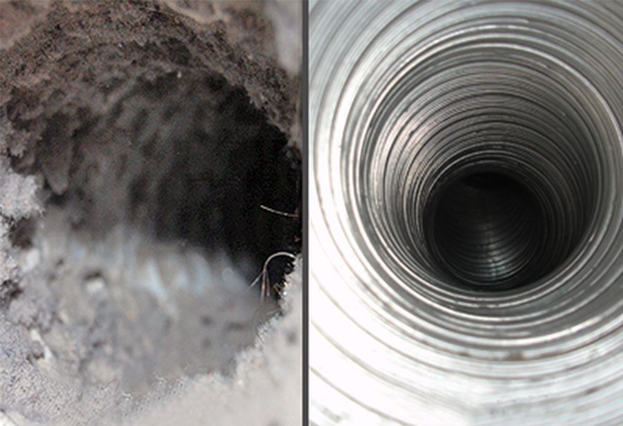 A picture of a dirty duct and a picture of a clean duct.