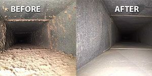 A before and after picture of a dirty air vent and a clean air vent.