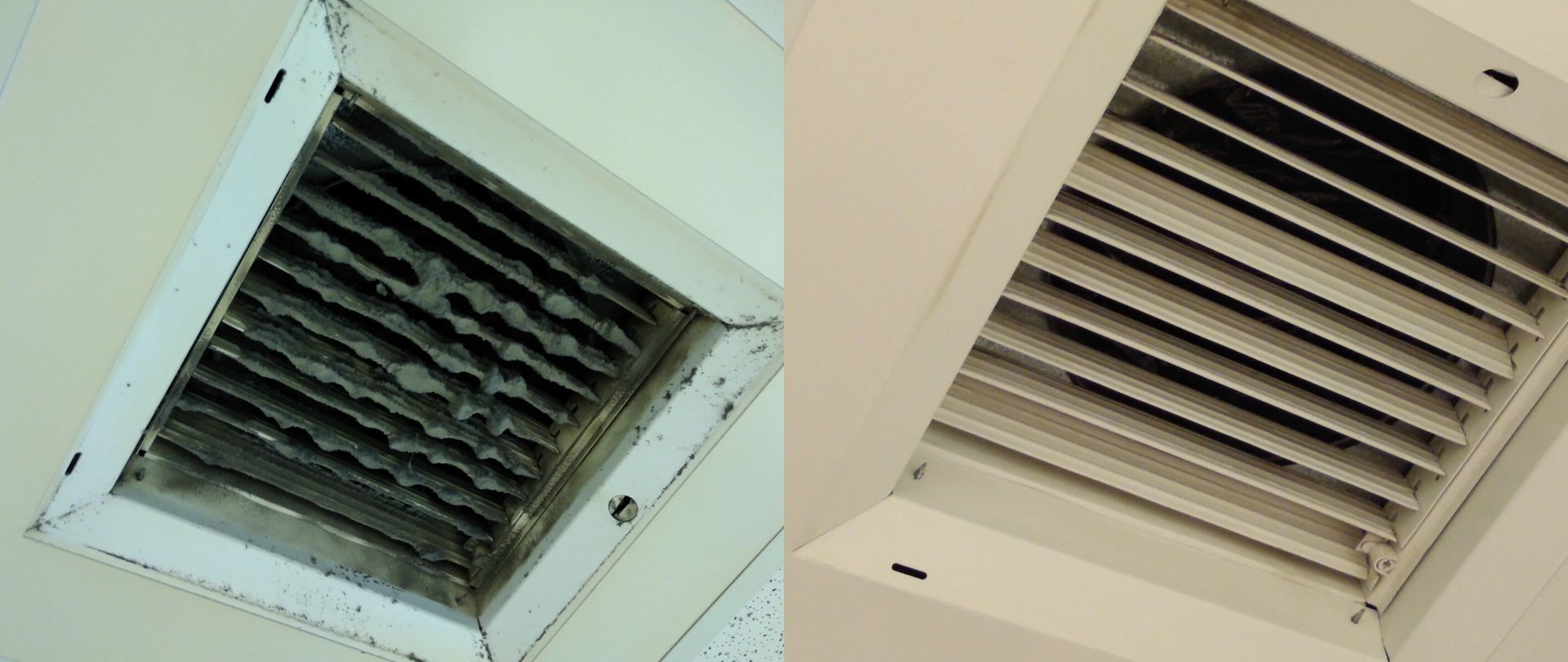 A before and after picture of a dirty air vent and a clean air vent.