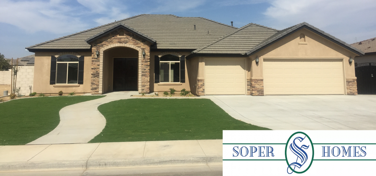 Single-story brick house with manicured lawn and two-car garage, branded with Super Homes logo.