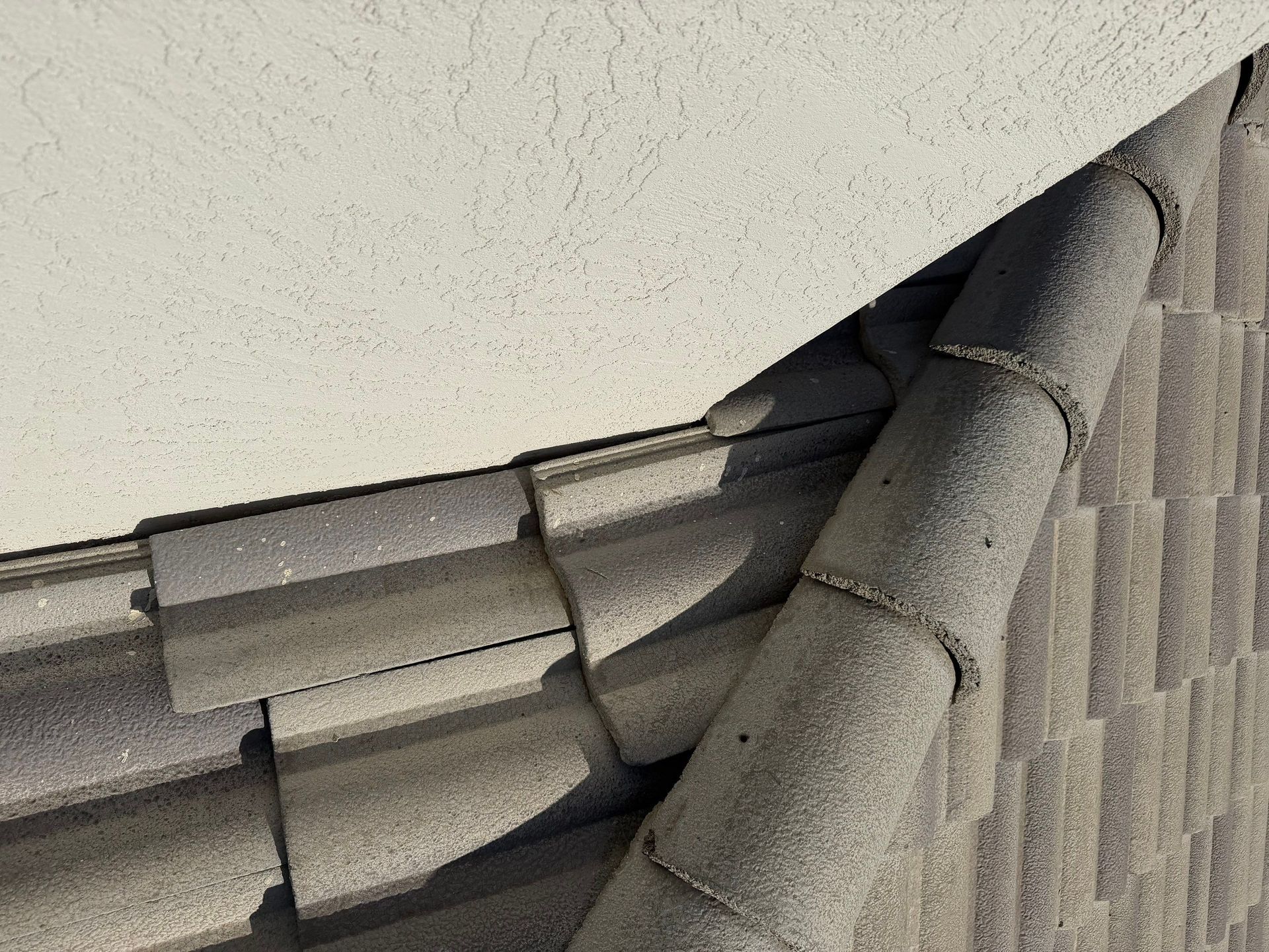 Close-up of gray roof shingles meeting a white ceiling edge.