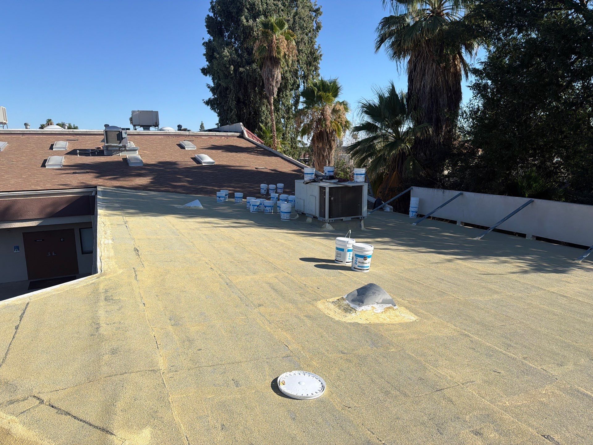 Flat rooftop with yellow waterproof coating, vents, and trees in the background under a clear blue sky