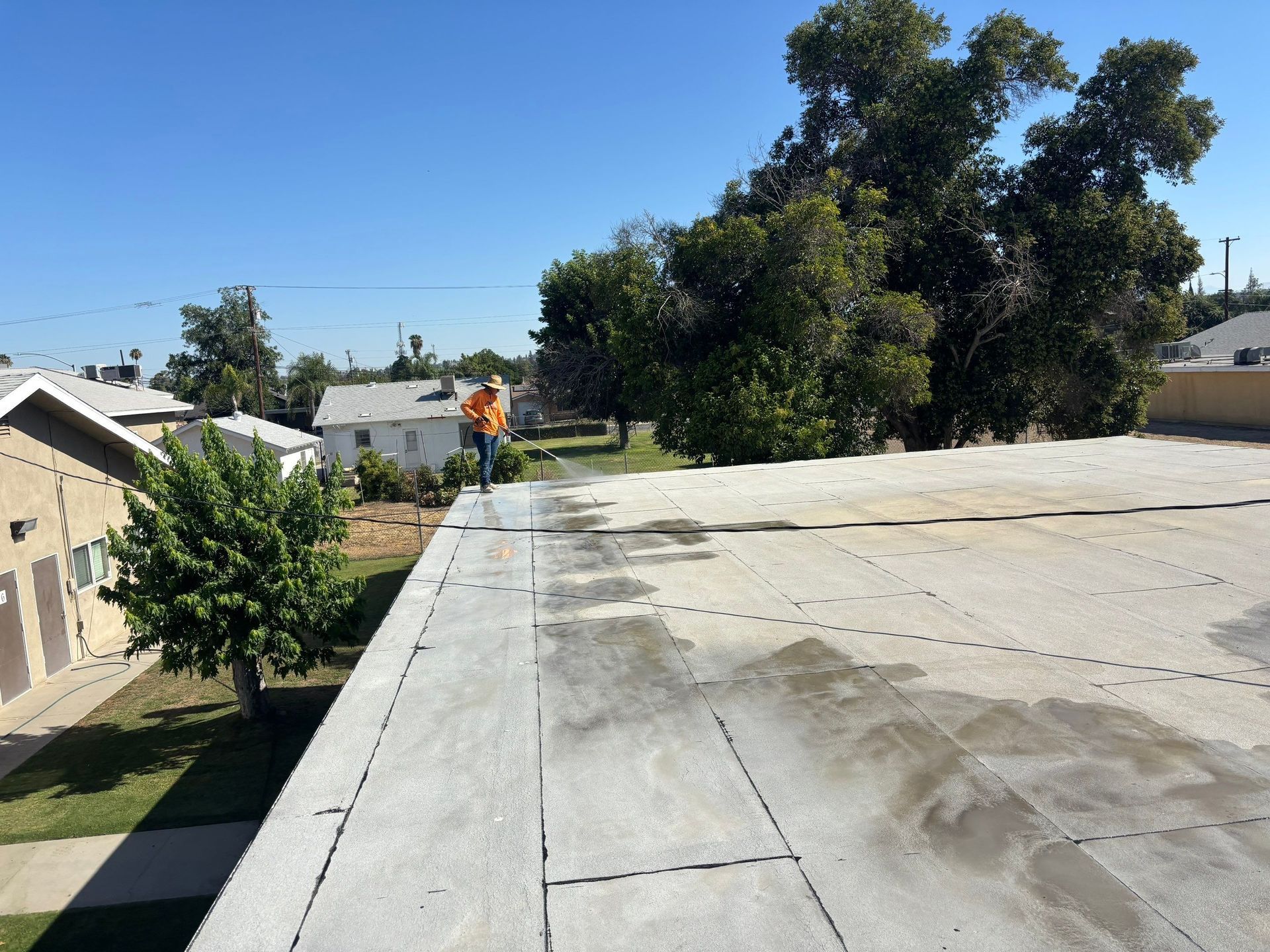 Person in orange shirt standing on a flat rooftop beside trees under a clear blue sky