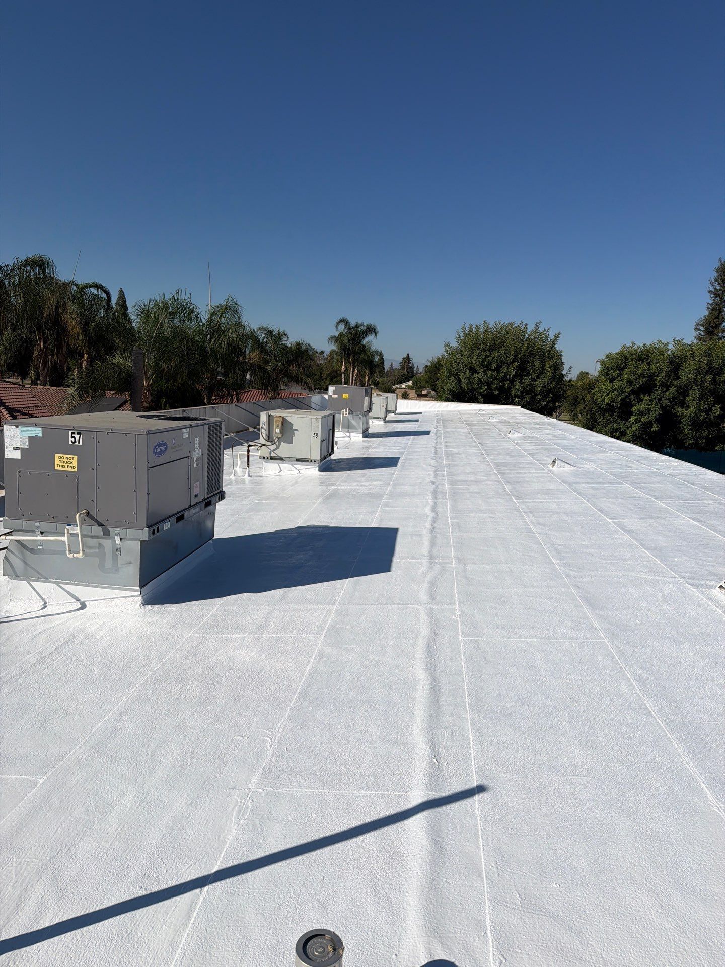 Flat white rooftop with HVAC units under a clear blue sky, bordered by trees
