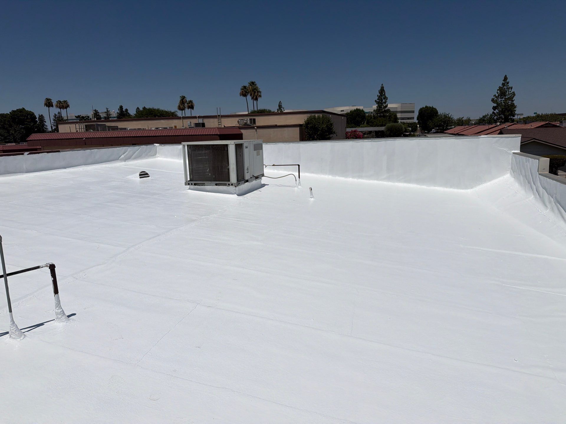 White rooftop with a small skylight/vent, railings, and palm trees in the distance under a clear sky