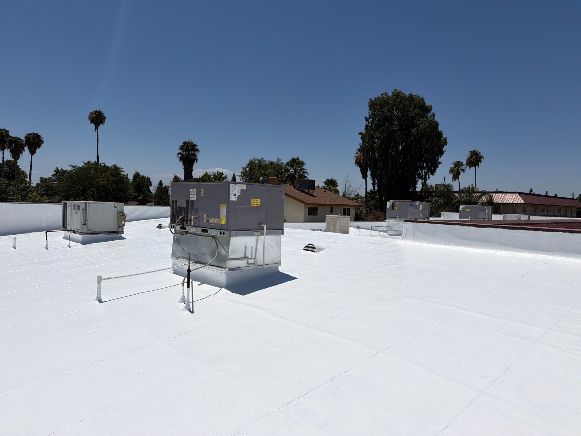 Rooftop with white reflective surface, HVAC units, and trees under a clear blue sky