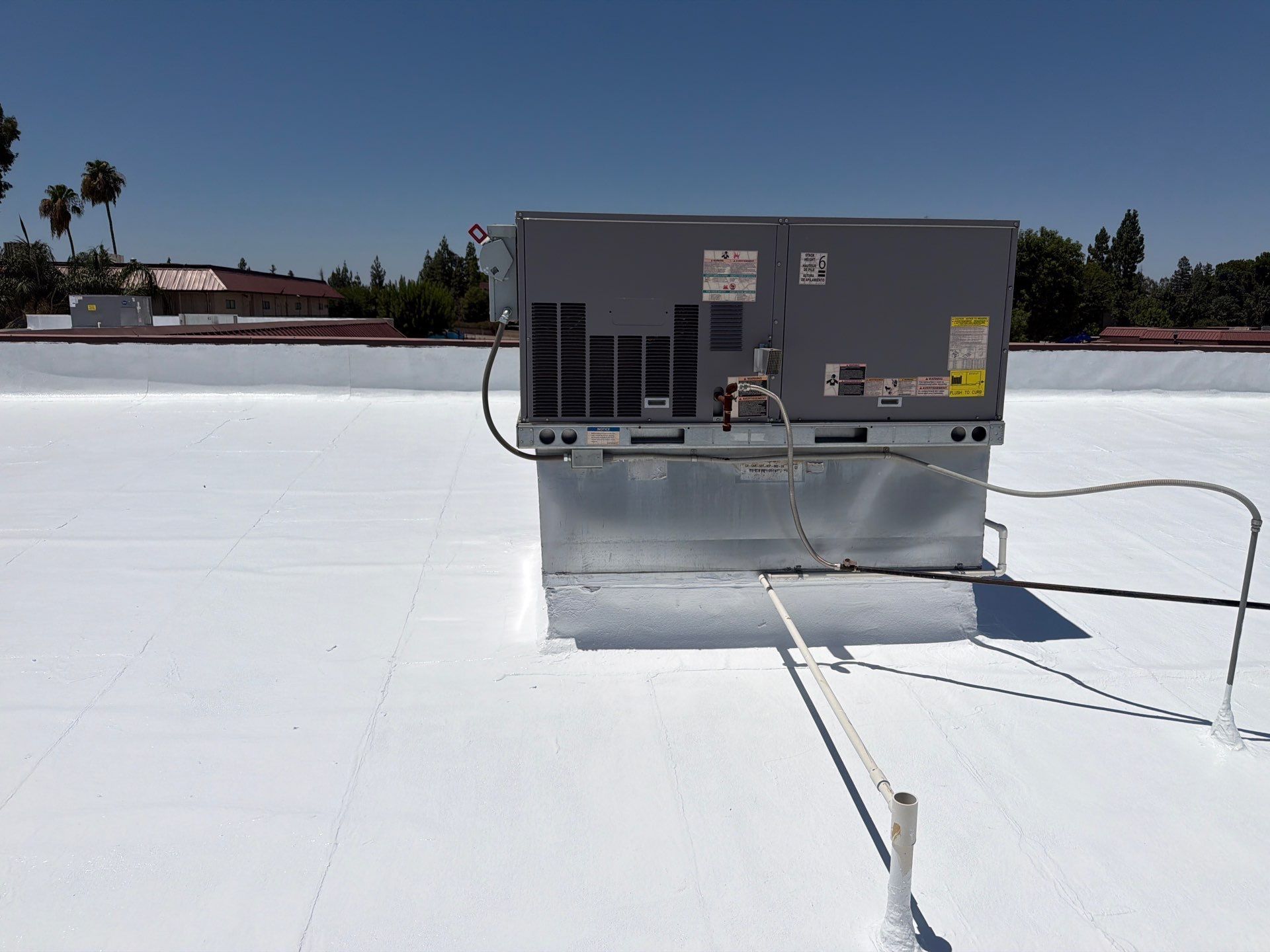 Rooftop HVAC unit on a white flat roof under a clear sky.