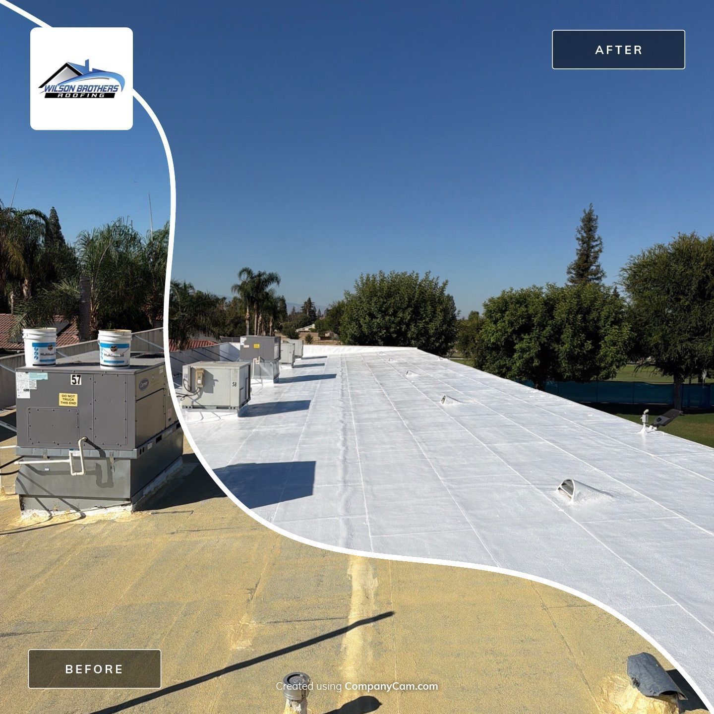 Rooftop covered with white protective sheeting beside HVAC units under a clear blue sky