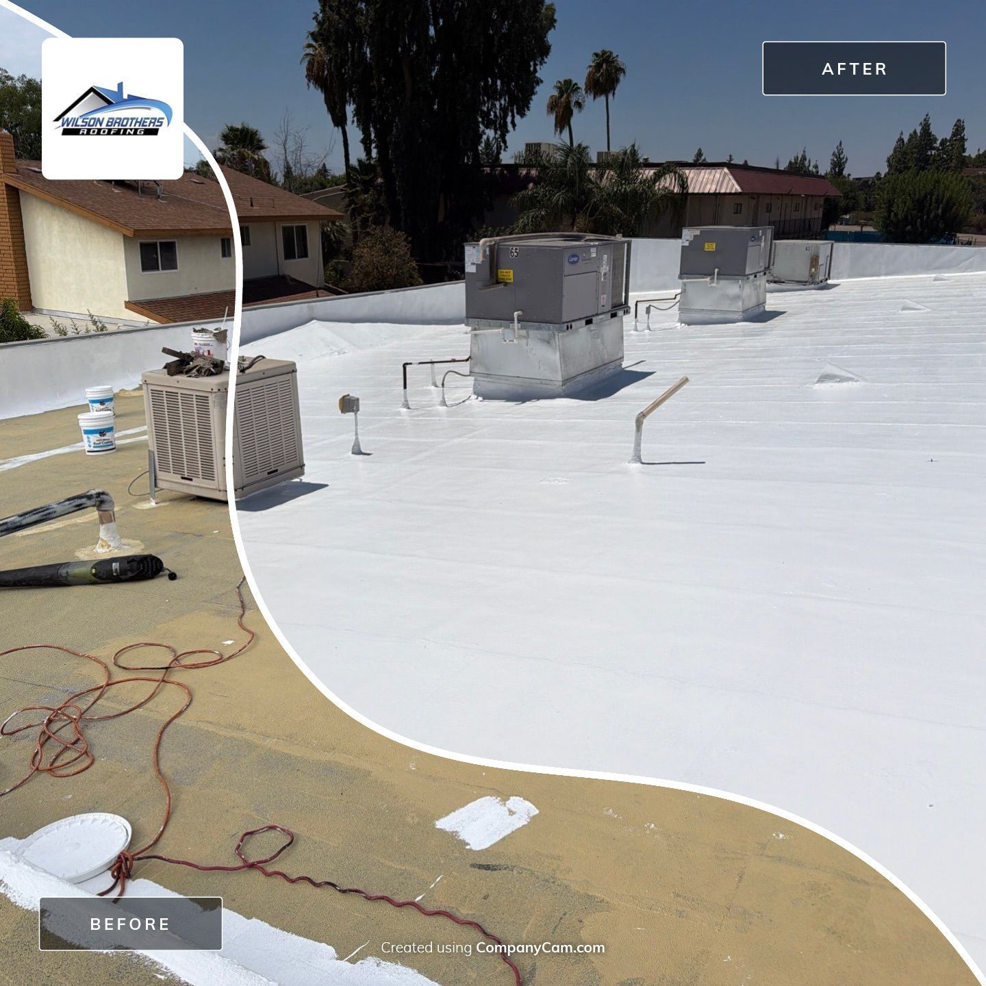 Rooftop with white reflective coating under renovation, showing vents and a curved transition to exposed deck.