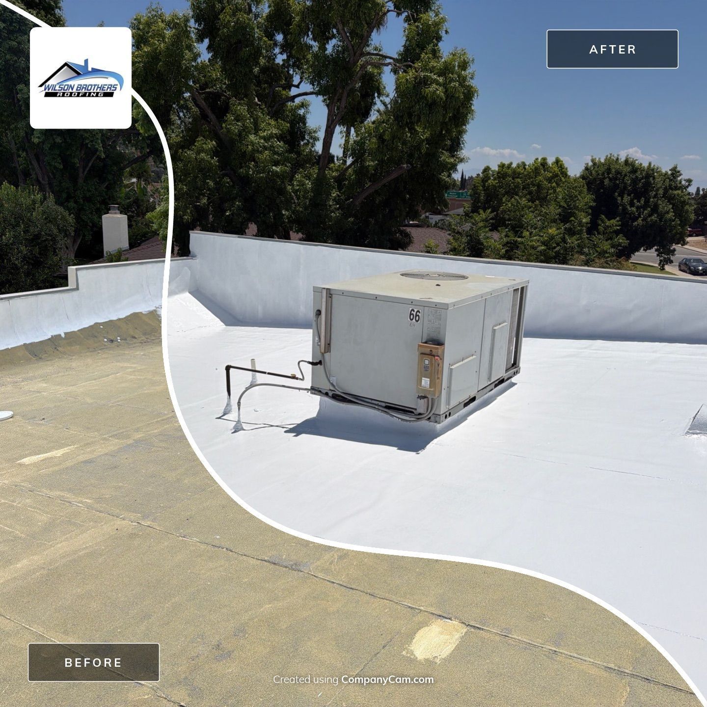 White rooftop with a small beige HVAC unit beside a parapet wall under a clear sky