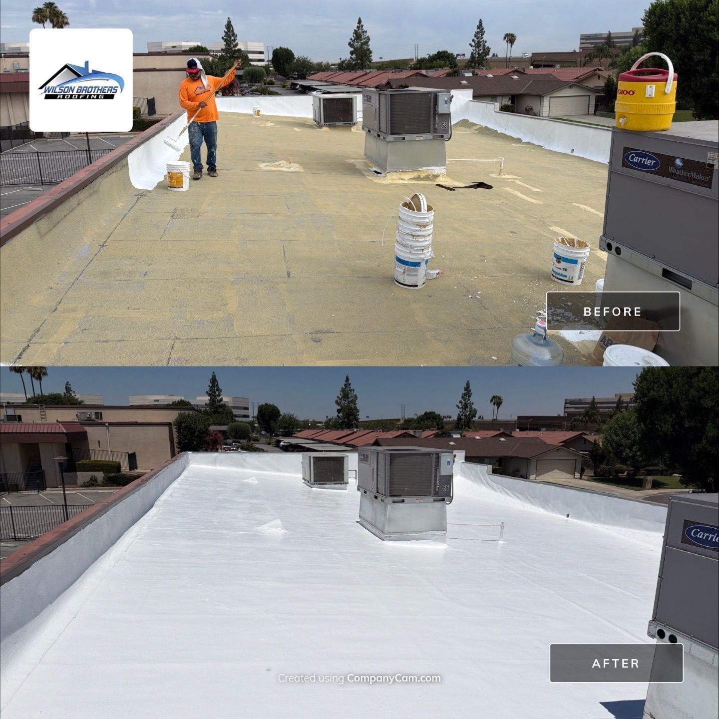 Before and after roof coating: worker on rooftop beside white-coated roof sections.