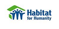 Habitat for Humanity logo with blue text and green roof icon over three blue figures