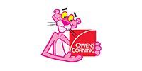 Pink Panther standing beside the Corning logo on a white background