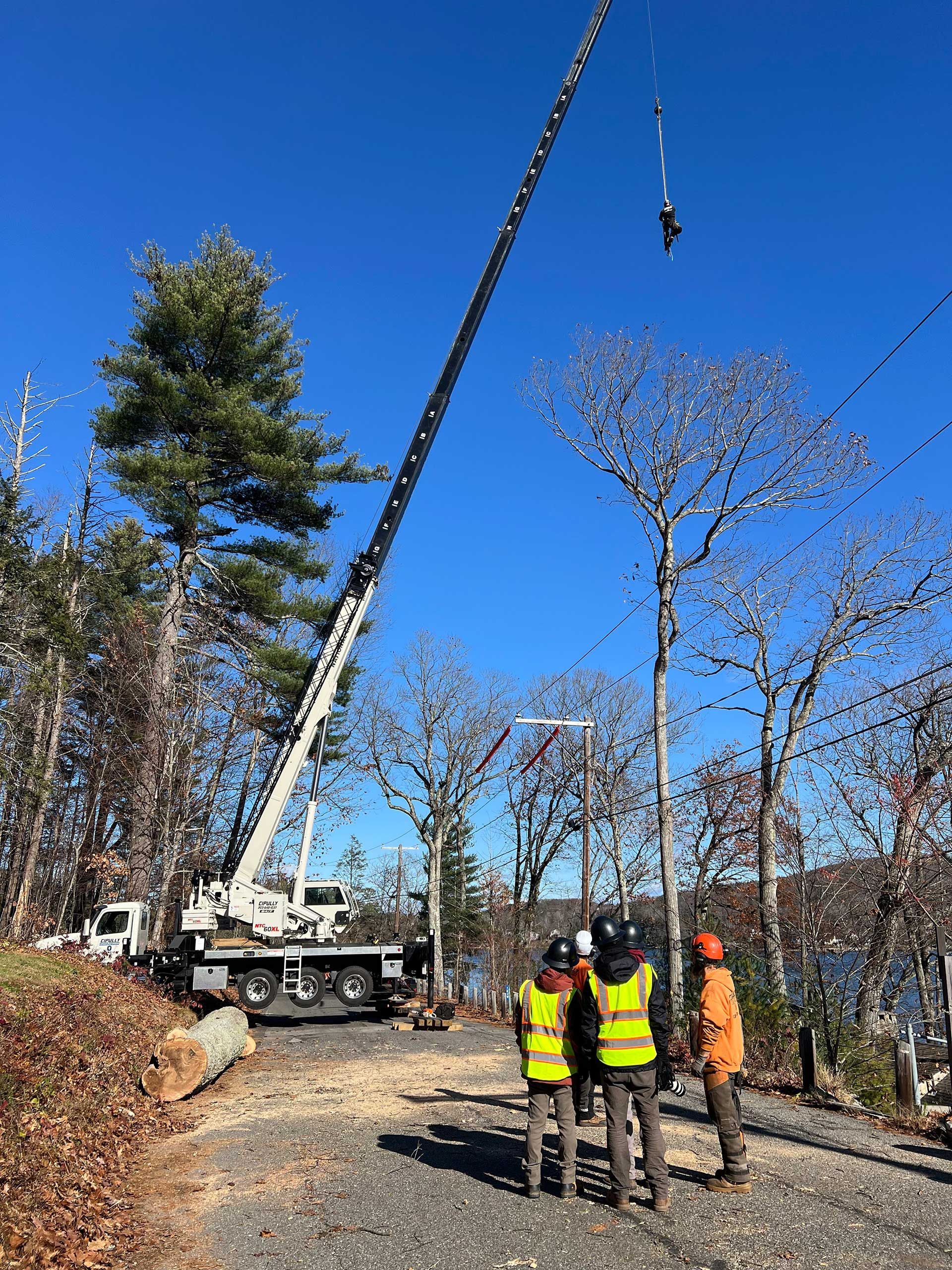 crane lifting person near power lines; workers in vests observe
