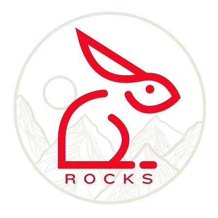 Red rabbit outline logo with “ROCKS” text in a circular beige emblem