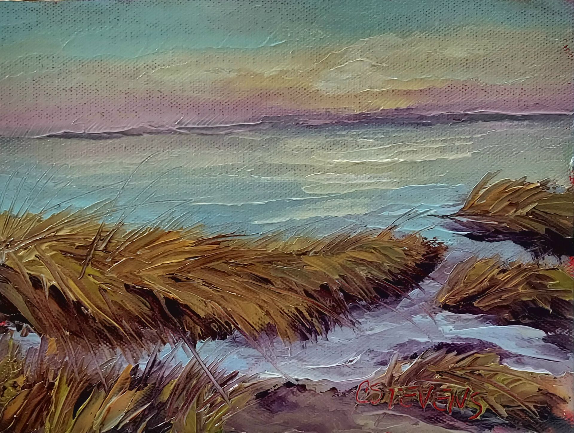 A painting of a landscape with a body of water in the background