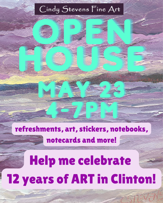 Save the Date: Cindy Stevens Fine Art, May 23, 4-7 PM, celebrating 12 years in business. Purple graphic with comic design.